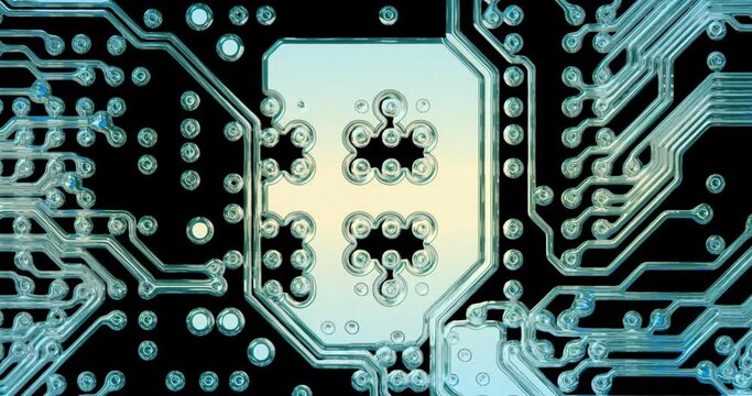 Animation of technical scheme of computer circuit board with color changing. Details of mainboard with microelectronics components, lines and connections. Microcircuit with electronic components