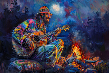 A man in a colorful outfit is playing a guitar by a fire