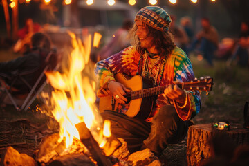 A man is sitting in front of a fire, playing a guitar