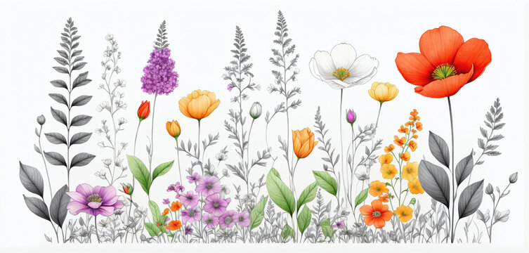 Illustrative colorful image of a close-up of flowering plants in a meadow in spring - ai generated image