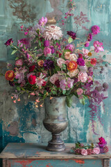 Vintage Floral Studio Backdrops - dark teal wall and pink flowers