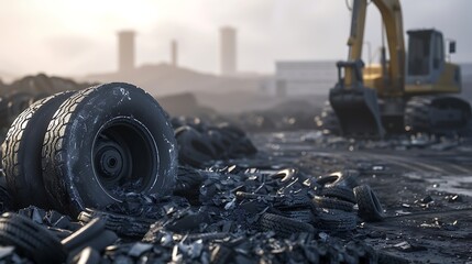 Illustrate the detrimental effects of ecological problems caused by the disposal of black car tires in an industrial landfill. Use AI to emphasize the urgency 