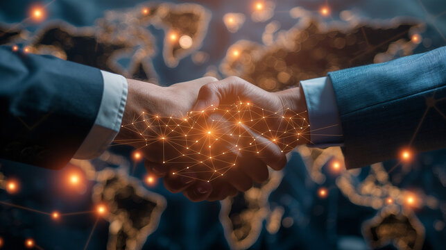 Deal. Business man handshake with effect global world map. Network link connection. Teamwork. Partnership concept 