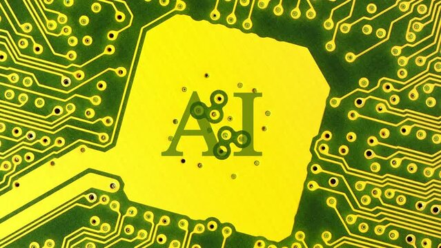Back side of computer motherboard. Details of mainboard back. Generation of random letters and AI inscription. 4K 60fps video with rotation