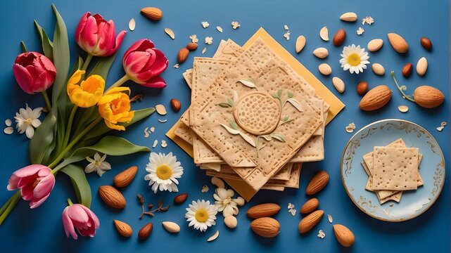 Greeting card for Passover featuring tulip and daisy flowers, almonds, and matzah on a blue backdrop.