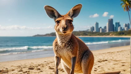 Poster Cute kangaroo on the beach, ocean shore , travel destinations © tanya78