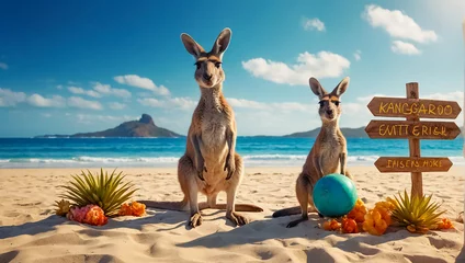 Poster Cute curious  kangaroo on the beach, ocean shore © tanya78