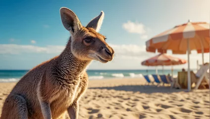 Rolgordijnen Cute kangaroo on the beach, ocean shore sand © tanya78