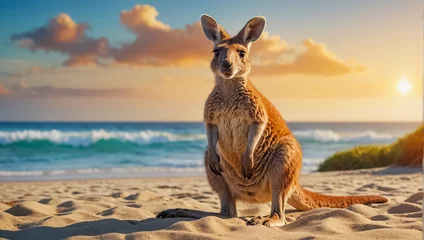 Tuinposter Cute furry  kangaroo on the beach, ocean shore   © tanya78