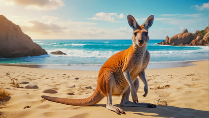 Cute kangaroo on the beach, ocean shore environment