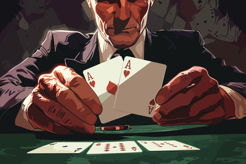 Shrewd businessman engages in high-stakes negotiation, playing his ace cards in a poker game, a concept of persuasion, bluffing, and winning in business - obrazy, fototapety, plakaty