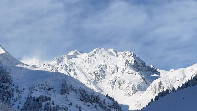 First snow early morning October November fall autumn river waterfall boulder rocks Stubai Stubaital glacier ski resort Tyrol Innsbruck Austrian Europe Alps mountain glacier glacial tall peaks pan