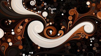 A digital art illustration of dark brown and black rotating patterns with white outlines and orange highlights.