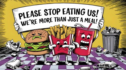 Cartoon fast food mascots holding sign pleading with people to stop consuming them. Concept Satirical Art, Fast Food Industry, Corporate Critique, Cartoon Characters, Stop Animal Consuming