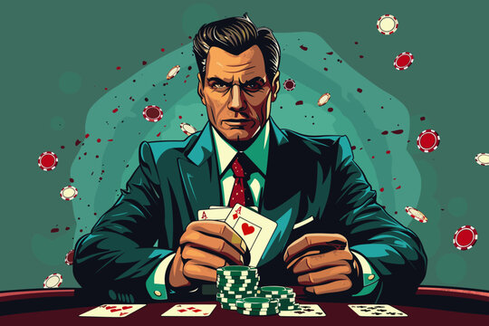 Shrewd businessman engages in high-stakes negotiation, playing his ace cards in a poker game, a concept of persuasion, bluffing, and winning in business
