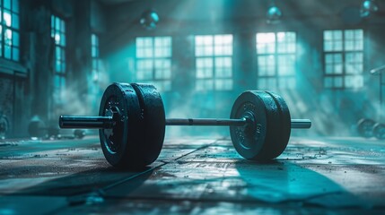 Barbell ready for an intense workout session in a moody gym