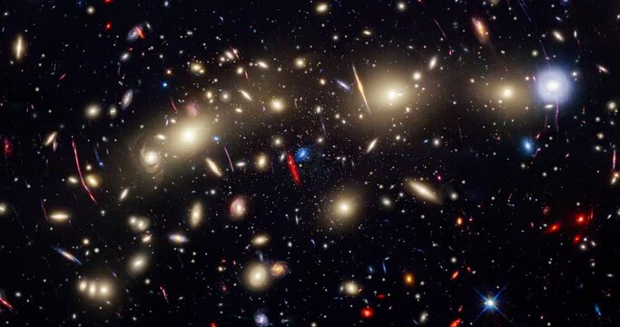 Wide-field view of a colorful endless universe with stars and galaxies in outer space. Flying through glowing nebulae, clouds, and star fields.
