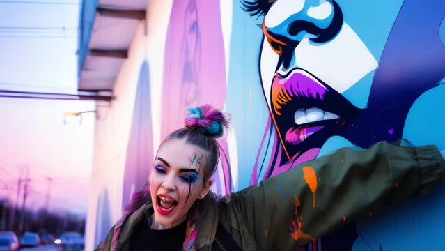 Ink illustration of a beautiful female villain maniacally laughing with mouth open wide in colourful city, villainess, colourful hair, punk style, neon colours, ink stains, ink splatters 