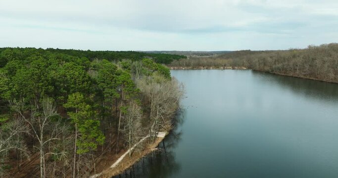 Still Waters And Dense Thickets At Lake Wedington Recreation Area In Arkansas, United States. Aerial Shot