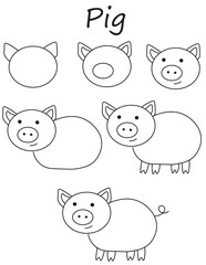 How to draw a pig vector illustration. Draw easy pig step by step. Fat pig drawing guide.