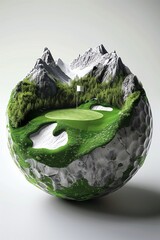 A 3d golf ball broken up to reveal a scenic golf course with mountains, trees and nature.