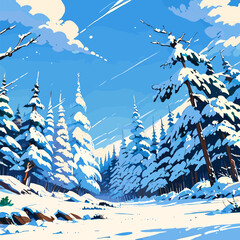 Snowy forest scene in vector format, showcasing a serene winter setting