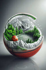 A 3d basketball broken up to reveal a scenic basketball court with mountains, trees and nature.