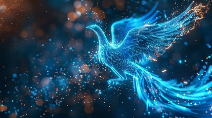 digital blue phoenix bird ,  ai into cybersecurity solutions, the ability to rise from challenges and safeguard digital infrastructures with proactive threat detection and response.   - obrazy, fototapety, plakaty