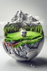 A 3d soccer ball football broken up to reveal a scenic soccer field with mountains, trees and nature.