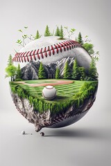 A 3d baseball broken up to reveal a scenic baseball field with mountains, trees and nature.