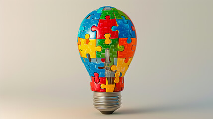 Realistic light bulb made of colorful puzzle pieces on white background.
