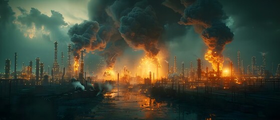 Fire and explosion at oil refinery emitting black smoke. Concept Industrial accident, Oil refinery fire, Black smoke, Emergency response, Environmental impact - obrazy, fototapety, plakaty