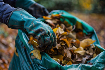 A person is wearing gloves and picking up leaves from a bag