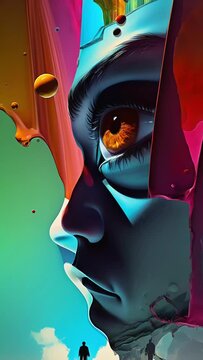 inside of a crazy and creative human mind, imagination of a perfect life, maximalism, colour splashes, connected peaceful human mind, struggles and obstacles
