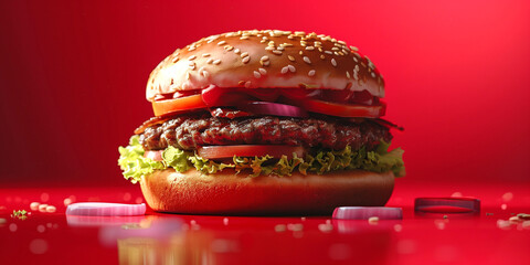 Delicious fresh juicy cheeseburger on red background. Classic hamburger concept poster. Burger of American kitchen banner. Raster bitmap digital realistic photo style illustration. AI artwork.