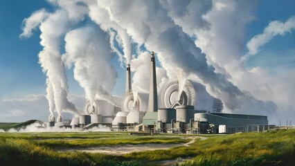 A realistic depiction of a geothermal power plant, with steam rising - obrazy, fototapety, plakaty