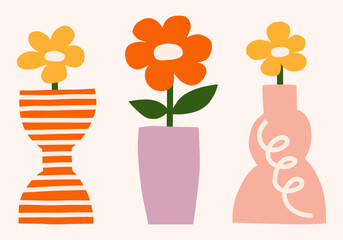 Vector trendy floral flat illustration set. Naive style flowers in vases. Botanical cute simple clipart