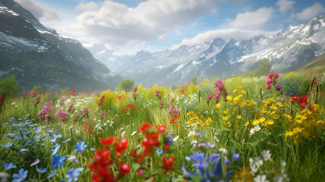 A vibrant wildflower meadow blooms beneath majestic mountains in a clear blue summer sky, watercolor paint illustration.