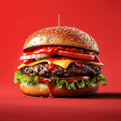 Delicious fresh juicy cheeseburger on red background. Classic hamburger concept poster. Burger of American kitchen banner. Raster bitmap digital realistic photo style illustration. AI artwork.