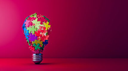 Realistic light bulb made of colorful puzzle pieces on soft red background.