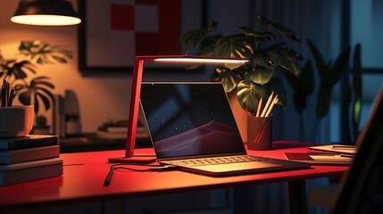 Incorporate innovation into your workspace with a sophisticated AI-driven reading light on a red desk, meticulously designed for enhanced productivity and comfort attractive look