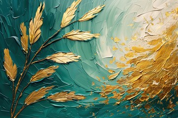 Abstract painting of gold, emerald green, white leaves.