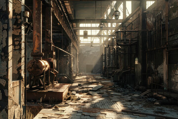 Scene of an old dilapidated factory hall illuminated by the sun's rays.