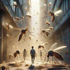 Surreal Scene of Giant Flies in a Sunlit Urban Alley
