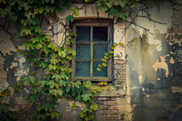View of an old overgrown house facade with a broken window.