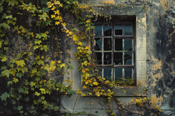 Fototapeta na wymiar View of an old overgrown house facade with a broken window.