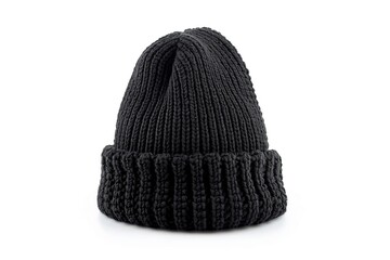 Black men's knitted hat isolated on white background.