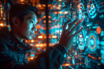 Futuristic interface interaction with focused young Asian man