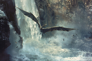 A dragon is flying over a waterfall, surrounded by water and rocks