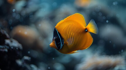   A tight shot of a yellow-and-black fish against an aquarium backdrop, adorned with rocks, and featuring water bubbles in the foreground